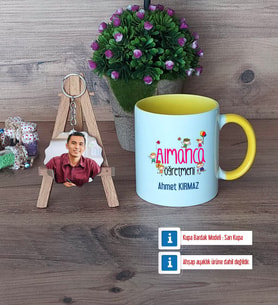 Almanca Öğretmeni Kupa Bardak Beyaz ve Fotoğraflı Ahşap Anahtarlık Hediye (Model 7)