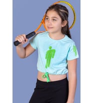 Toontoy Kız Çocuk Crop Model Baskılı Taş İşlemeli Tişört (Su Yeşili)