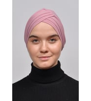 Üç Bantlı Çapraz Dış Tesettür Bonesi Hazır Türban (Koyu Pembe)