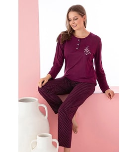 Dreamy Uzun Kollu Puantiyeli Düğmeli Yaka Pijama Takımı (Mürdüm)