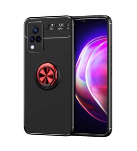 Vivo V21 Kılıf Yüzüklü Magnetli Ravel Case (Siyah-Kırmızı)