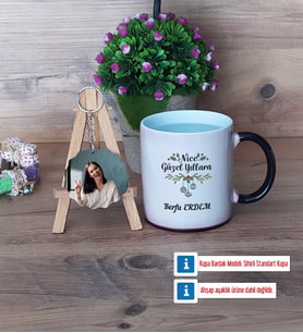 Yılbaşı Hediyesi Kupa Bardak Beyaz ve Fotoğraflı Ahşap Anahtarlık Hediye (Model 9)