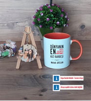 Kız Kardeş Kupa Bardak Beyaz ve Fotoğraflı Ahşap Anahtarlık Hediye (Model 13)