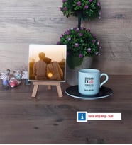 Sevgiliye Hediye Fotoğraflı Dekoratif Taş, Ahşap Altlıklı Türk Kahvesi Fincanı Hediye (Model 7)