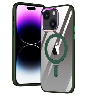 Apple iPhone 14 Kılıf Standlı Magsafe Wireless Kablosuz Şarj Uyumlu Manyetik Renkli Şeffaf Kapak (Yeşil)
