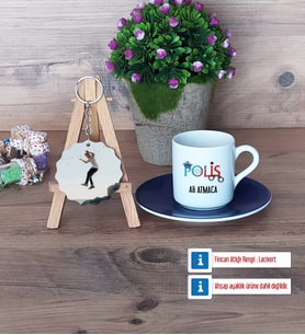 Polis Türk Kahvesi Fincanı Ahşap Altlıklı ve Fotoğraflı Ahşap Anahtarlık Hediye (Model 4)