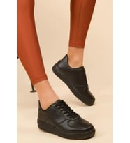 Günlük Kadın Sneaker Bağcıklı Kalın Tabanlı Yürüyüş Nefes Alan Spor Ayakkabı (Siyah)