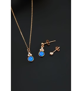 Papatya Silver 925 Ayar Gümüş Mavi Opal Yuvarlak Kolye Çivili Ve Top Küpe Set (Rose)