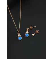 Papatya Silver 925 Ayar Gümüş Mavi Opal Yuvarlak Kolye Çivili Ve Top Küpe Set (Rose)