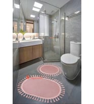 My Evilla Modern Simirna Dekoratif  Peluş Oval 60x100-50x60 Ponpon Saçaklı Klozet Takımı (Pembe)