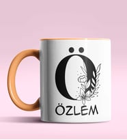 Kişiye Özel Ö Harfi Romantik Tasarım Siyah Renk Kupa (Turuncu)