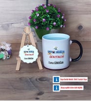 Sosyal Bilgiler Öğretmeni Kupa Bardak Kırmızı ve Ahşap Anahtarlık Hediye Öğretmenler Günü Hediyesi (Model 8)
