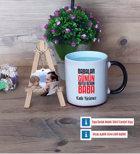 Babalar Günü Hediyesi Kupa Bardak Beyaz ve Fotoğraflı Ahşap Anahtarlık Hediye Babaya Hediye (Model 9)