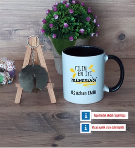Mühendisler Günü Hediyesi Kupa Bardak Beyaz ve Fotoğraflı Ahşap Anahtarlık Hediye (Model 11)
