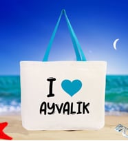 BK Gift I Love Ayvalık Renkli Kulp Kanvas Plaj Çantası 48x40m, Baskılı Omuz Çantası, Alışveriş Çantası (Turkuaz)