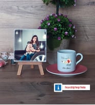 Anneye Hediye Fotoğraflı Dekoratif Taş, Ahşap Altlıklı Türk Kahvesi Fincanı Hediye (Model 6)