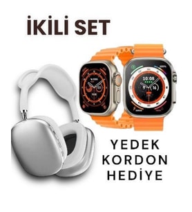 P9 Pro Kulaklık Yüksek ses Smart Watch T800 Ultra Akıllı Saat 2 li Set Kordon hediyeli Arama Spor (Gümüş)