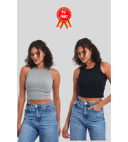 Kadın Siyah-Beyaz Fitilli Görünümlü Askılı Kalın Esnek Örme 2'li Basic Crop Atlet Bluz (Gri-Lacivert)