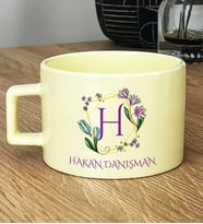 Kişiye Özel Çiçekli H Harfli Hediye Pastel Fincan İsim Soyisim Yazılı (Sarı)