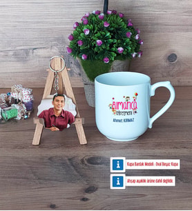 Almanca Öğretmeni Kupa Bardak Beyaz ve Fotoğraflı Ahşap Anahtarlık Hediye (Model 5)
