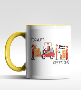 Kişiye Özel Forklift Operatörü Tasarımlı Siyah Kupa (Beyaz-Sarı)