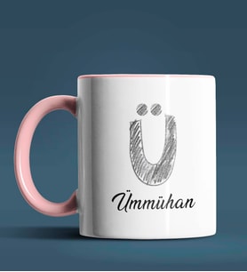 Kişiye Özel Ü Harfi Temalı Kara Kalem Tasarım Siyah Renk Kupa (Pembe)