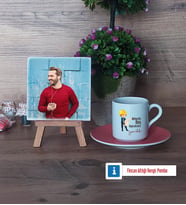 Mühendisler Günü Hediyesi Fotoğraflı Dekoratif Taş, Ahşap Altlıklı Türk Kahvesi Fincanı Hediye (Model 6)