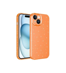 iPhone 15 Plus Kılıf Kamera Korumalı Simli Parıltılı Lüks Silikon (Turuncu)