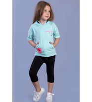Toontoy Kız Çocuk Baskılı Kapüşonlu Kanguru Cepli Taytlı Takım (Su Yeşili)