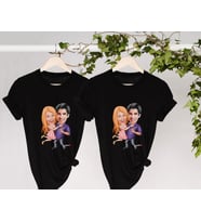 BK Gift Kişiye Özel Sevgililer Karikatürlü İkili Siyah T-shirt Seti, Sevgililer Hediye, Çift Hediyesi, Yıl Dönümü Hediyesi, Kişiye Özel Tişört (Model 8)