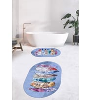 EVDEYA Dijital Yıkanabilir Renkli Etnik Yaprak Desen İkili Banyo Halısı Oval Klozet Takımı, OKLOZET-25-GRİ, (Mavi)