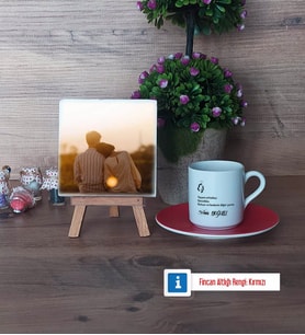 Eşe Hediye Fotoğraflı Dekoratif Taş, Ahşap Altlıklı Türk Kahvesi Fincanı Hediye (Model 3)