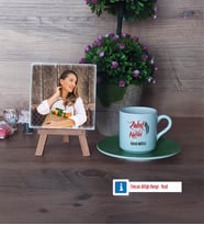 Zabıt Katibi Fotoğraflı Dekoratif Taş, Ahşap Altlıklı Türk Kahvesi Fincanı Hediye (Model 9)