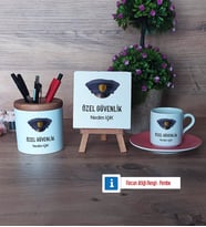 Özel Güvenlik Görevlisi Hediye Seti Dekoratif Taş, Kalemlik, Ahşap Altlıklı Türk Kahvesi Fincanı Hediye (Model 6)