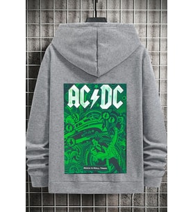 Unisex Ac Dc Baskılı Kapüşonlu Sweatshirt (Gri)