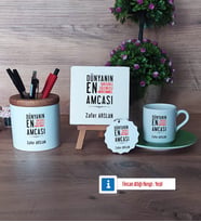 Amcaya Hediye Hediye Seti Dekoratif Taş, Kalemlik, Ahşap Altlıklı Türk Kahvesi Fincanı, Ahşap Anahtarlık Hediye (Model 9)