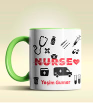 Kişiye Özel Nurse (Hemşire) 2 Tasarımlı Turuncu Kupa Bardak (Yeşil)