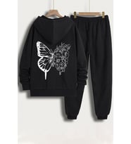 Unisex Drawing Butterflies Sırt Baskılı Eşofman Takımı (Siyah)