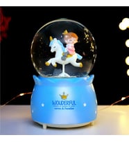 Unicorn Üzerinde Prenses Prens Işıklı Müzikli Püskürtmeli Büyük Boy Kar Küresi (Mavi)