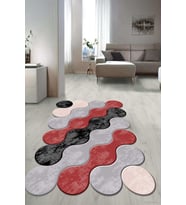 Dijital Baskılı Kaymaz Taban Yıkanabilir Lazer Kesim Salon Halısı Yolluk NLZR-HT-1222 (Gri-Kırmızı)