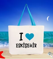 BK Gift I Love Eskişehir Renkli Kulp Kanvas Plaj Çantası 48x40m, Baskılı Omuz Çantası, Alışveriş Çantası (Turkuaz)