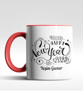 Kişiye Özel Happy New Year 2022 Tasarımlı Siyah Kupa (Kırmızı)
