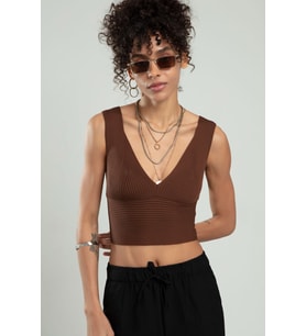 Sifu Tekstil Kadın Spor Atlet Fitilli Triko Büstiyer Crop Top Bluz SFYZ1012 (Kahverengi)
