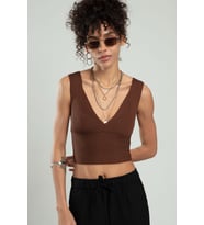 Sifu Tekstil Kadın Spor Atlet Fitilli Triko Büstiyer Crop Top Bluz SFYZ1012 (Kahverengi)
