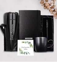 Kişiye Özel 500 ML Deri Çantalı Termos & Siyah Kupa & Siyah Defter & Siyah Roller Kalem Hediye Seti (Siyah)