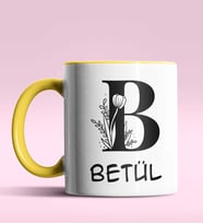Kişiye Özel B Harfi Romantik Tasarım Siyah Renk Kupa (Sarı)