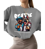bisiklet yaka unisex Bej 3 iplik şardonlu kalın erkek Sweatshirt En iyi arkadaşım Baskılı kadın (Gri)