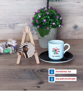 Teknoloji ve Tasarım Öğretmeni Türk Kahvesi Fincanı Ahşap Altlıklı ve Fotoğraflı Ahşap Anahtarlık Hediye Öğretmenler Günü Hediyesi (Model 7)