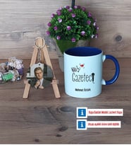 Gazeteci Kupa Bardak Beyaz ve Fotoğraflı Ahşap Anahtarlık Hediye (Model 3)