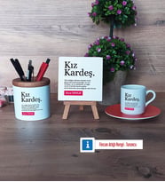 Kız Kardeş Hediye Seti Dekoratif Taş, Kalemlik, Ahşap Altlıklı Türk Kahvesi Fincanı Hediye (Model 8)